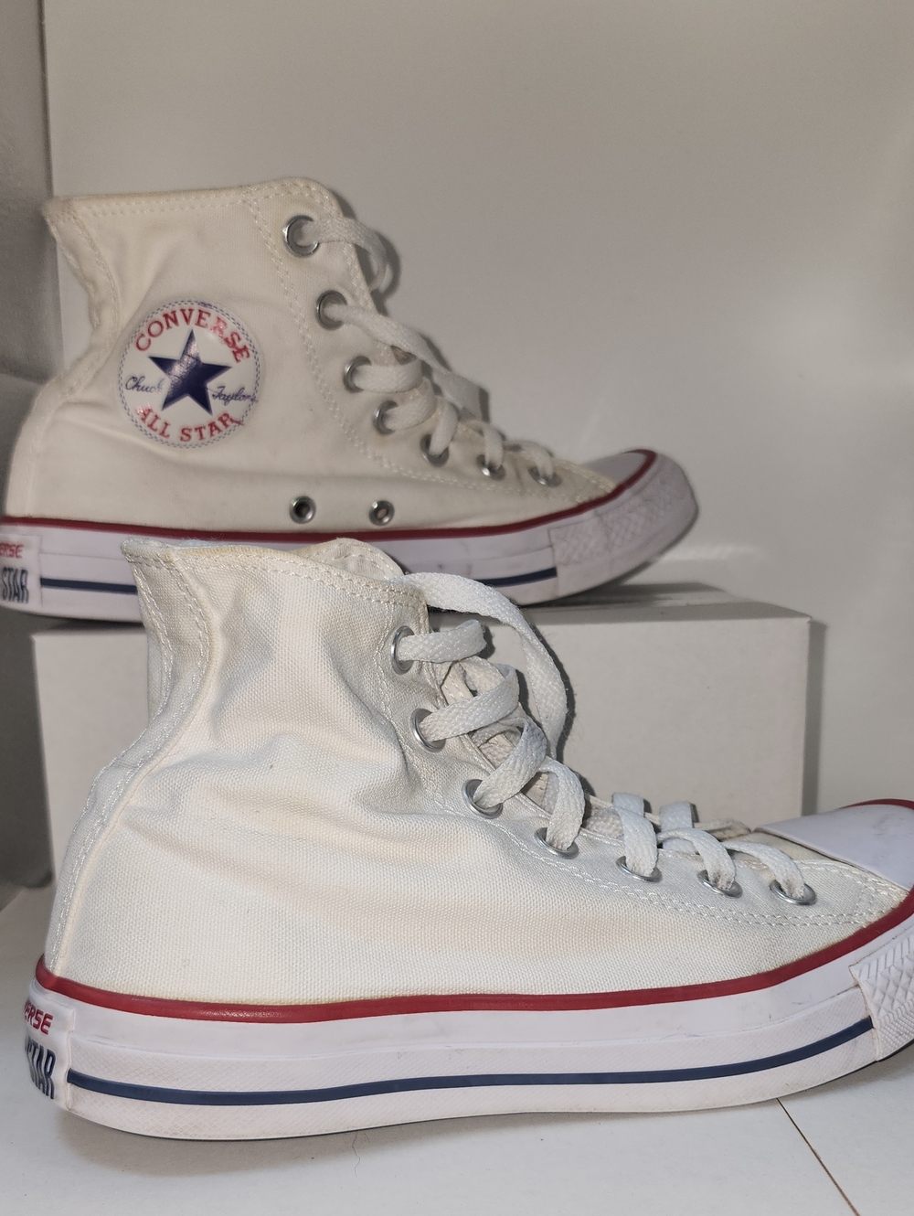 Converse Womens Size 7 High Top Sneakers - White with Red & Blue Accents
